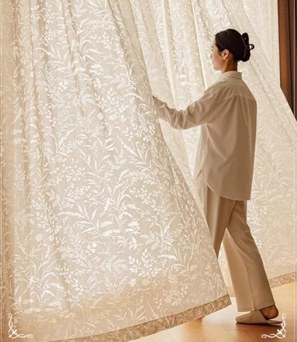 Beige Sheer Curtains with Botanical Design 2 Panels 38W x 84L Inch