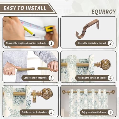 EQURROY Wood Curtain Rod for Windows 28-48 Inches