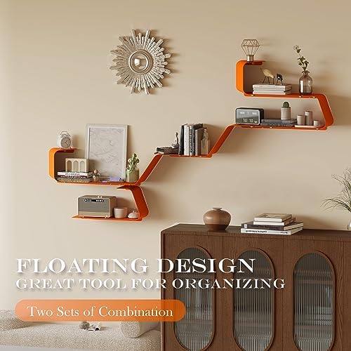 Set of 3 Floating Metal Wall Shelves with Orange Design