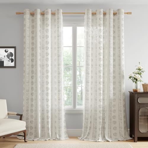Boho Linen Curtains 2 Panels Black on Beige