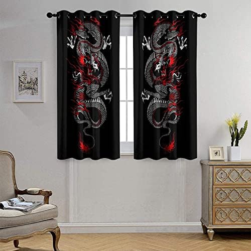 Fantasy Dragon Curtains Black Red Grommet Panels