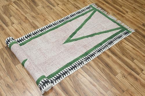 Art of Jaipur Cotton Runner Rug 4x8 Green Block Printed Dhurrie