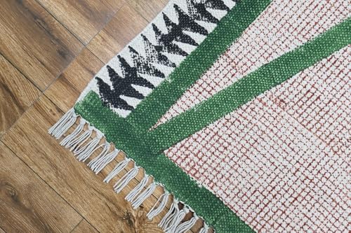 Art of Jaipur Cotton Runner Rug 4x8 Green Block Printed Dhurrie