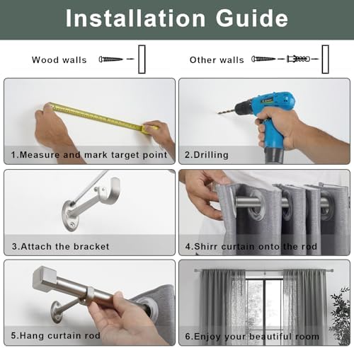 YuMierle 1 Inch Heavy Duty Single Curtain Rods 36-72 Satin Nickel