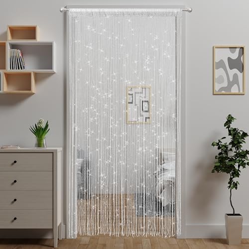 White Beaded Curtain with Tassels for Doorway Decor