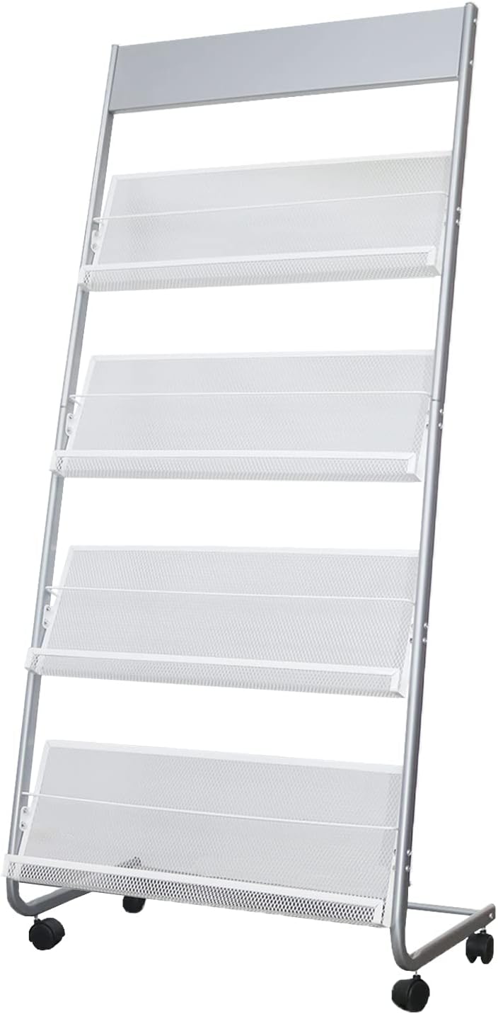 4-Layer Iron Magazine Rack with Wheels Silver