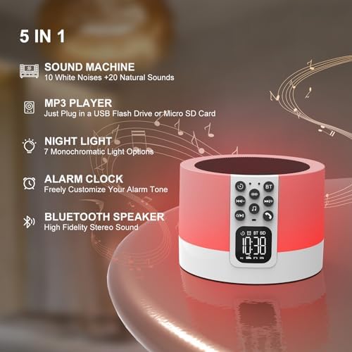 Night Light Bluetooth Speaker Alarm Clock with White Noise and RGB Light