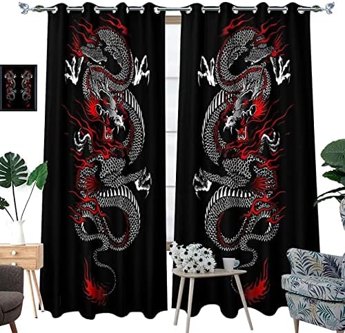 Fantasy Dragon Curtains Black Red Grommet Panels