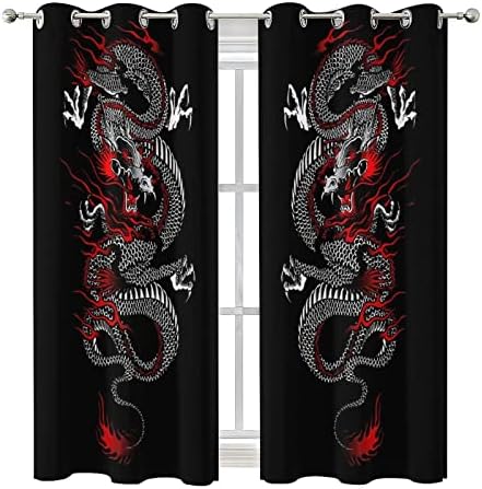 Fantasy Dragon Curtains Black Red Grommet Panels