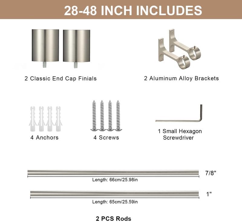 Brushed Nickel Curtain Rods 28-48 Inch Single Adjustable Rods with Cap Finials