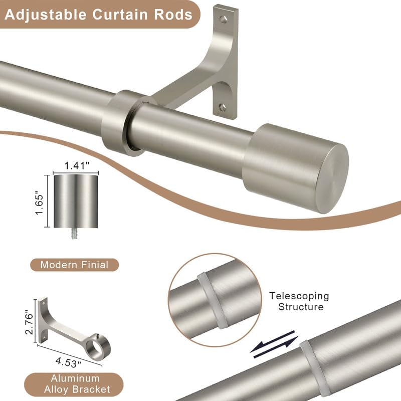 Brushed Nickel Curtain Rods 28-48 Inch Single Adjustable Rods with Cap Finials