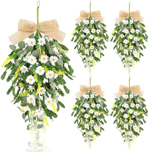 4 Pcs 24 Inch Artificial White Daisy Teardrop Wreath Swag