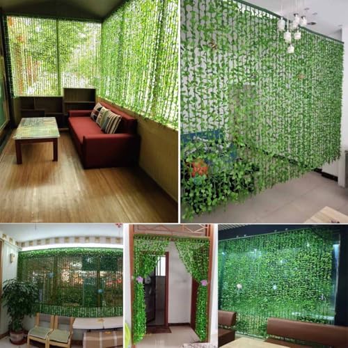 Bamboo Beaded Curtain with Green Leaf Fringe for Doors and Windows