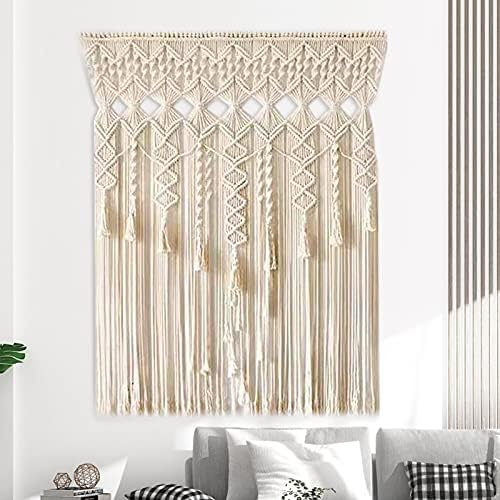 Boho Macrame Curtain for Window Doorway Handmade Beige