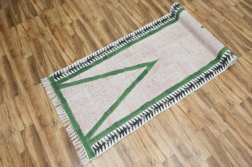 Art of Jaipur Cotton Runner Rug 4x8 Green Block Printed Dhurrie