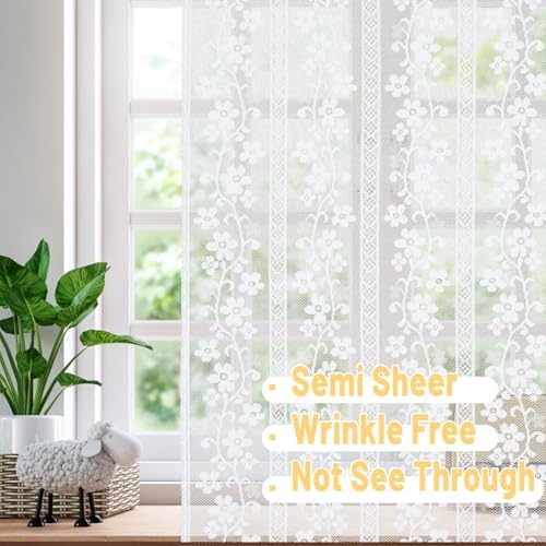White Lace French Door Curtain with Tieback and Floral Design