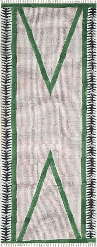 Art of Jaipur Cotton Runner Rug 4x8 Green Block Printed Dhurrie