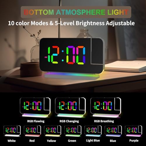 Hanaix Projection Alarm Clock with RGB Night Light and Auto Dimming