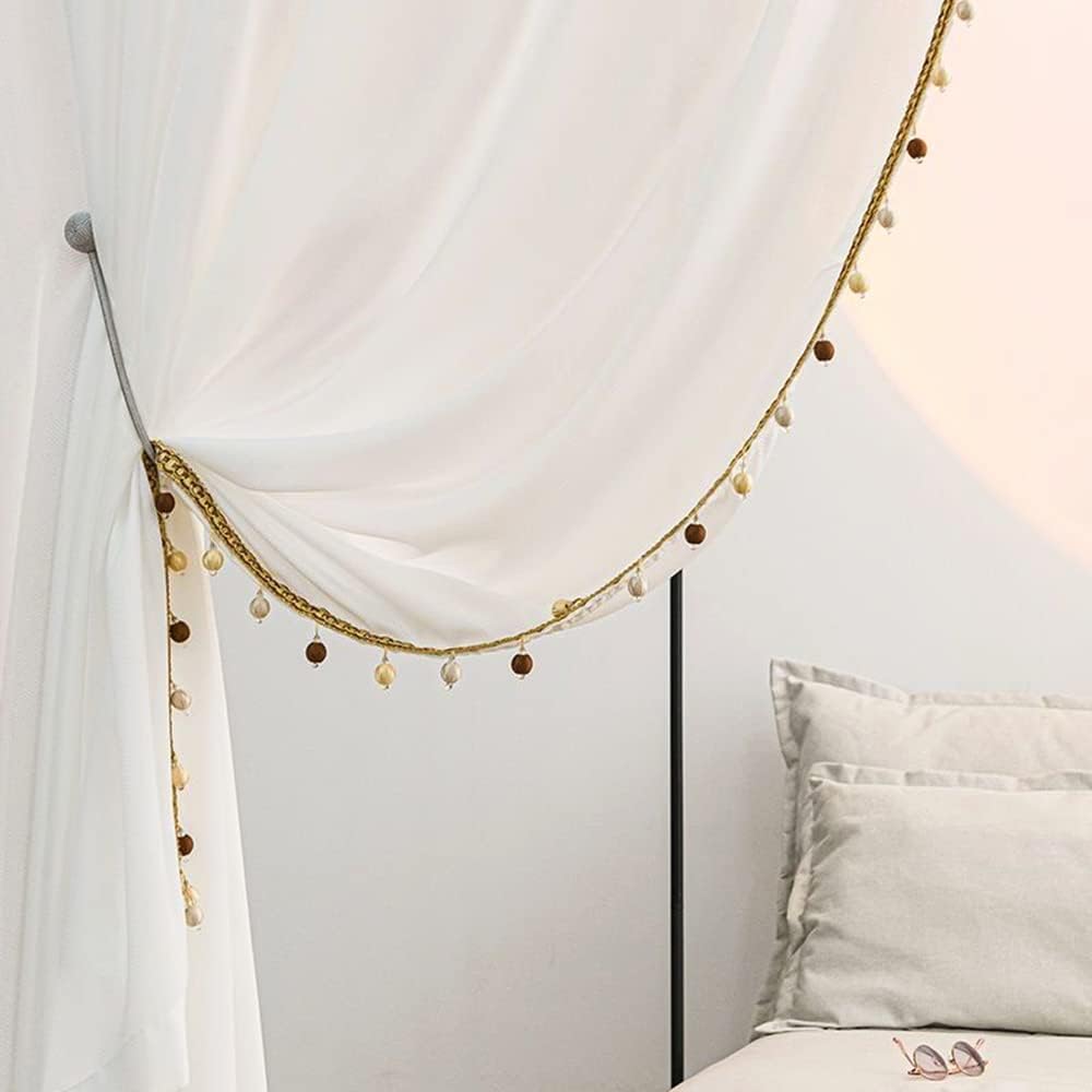 Boho Linen Sheer Curtains with Gold Beads 2 Panels 52x84 Inch