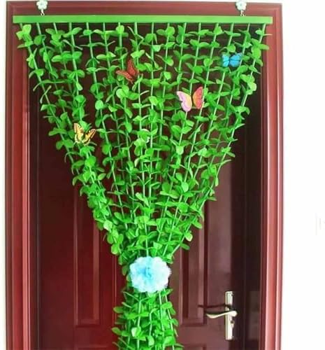 Bamboo Beaded Curtain with Green Leaf Fringe for Doors and Windows