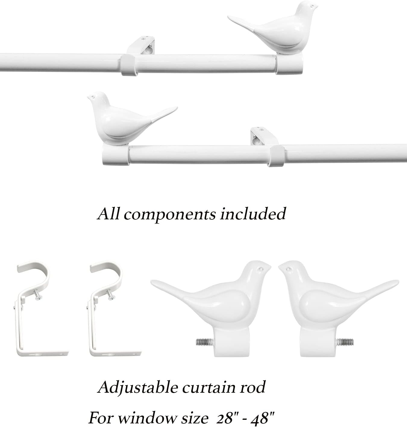 Meriville 34 Farmhouse Curtain Rod with Bird Finials 28-48 Glossy White