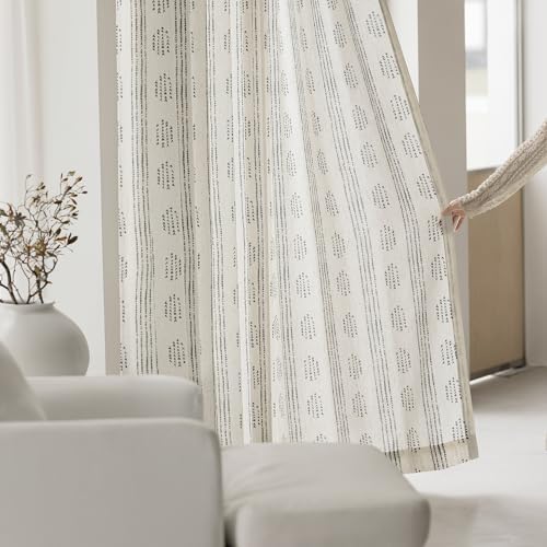 Boho Linen Curtains 2 Panels Black on Beige