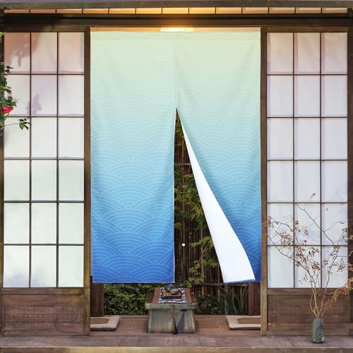 Japanese Noren Door Curtain Blue Beige Wave Pattern