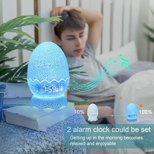 Cute Dinosaur Egg Alarm Clock with Night Light and Bluetooth Speaker