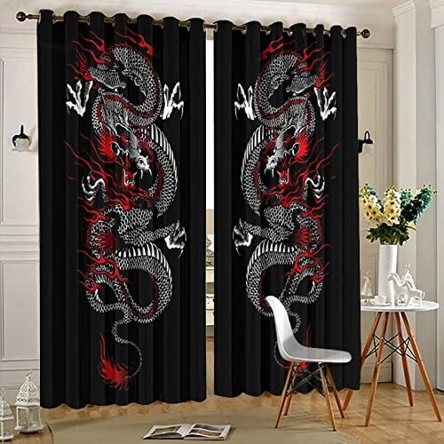 Fantasy Dragon Curtains Black Red Grommet Panels