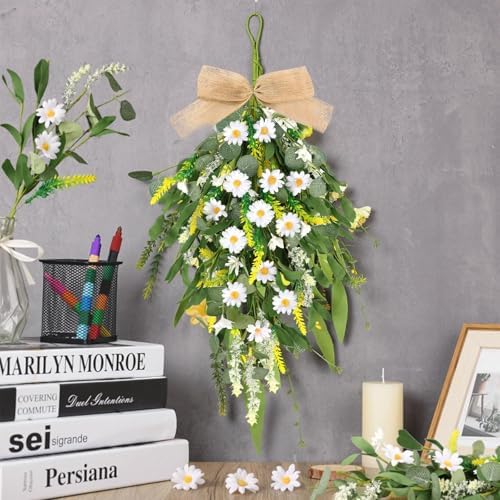 4 Pcs 24 Inch Artificial White Daisy Teardrop Wreath Swag
