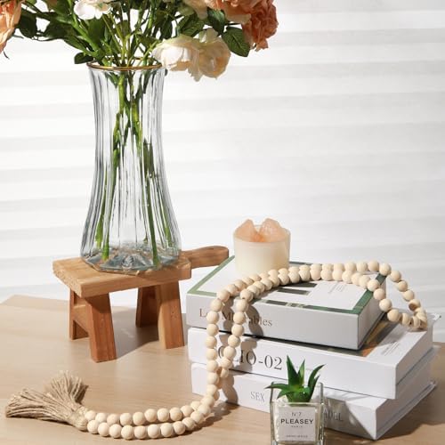 Wood Pedestal Stand with Handle and Beaded Ornaments
