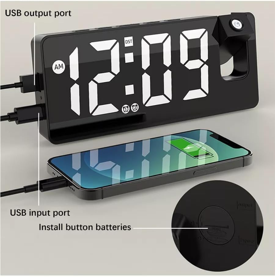 Projection Alarm Clock with USB Charging and Rotatable Mirror Display