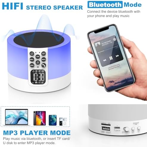 Night Light Bluetooth Speaker Alarm Clock with White Noise and RGB Light