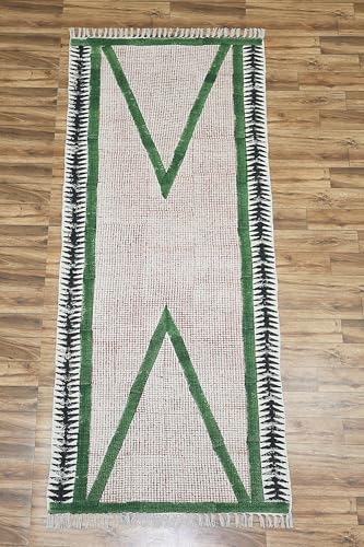 Art of Jaipur Cotton Runner Rug 4x8 Green Block Printed Dhurrie