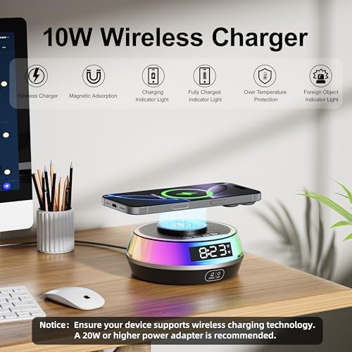 5 in 1 Alarm Clock with Wireless Charger and Bluetooth Speaker