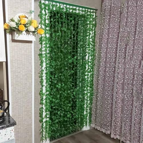 Bamboo Beaded Curtain with Green Leaf Fringe for Doors and Windows