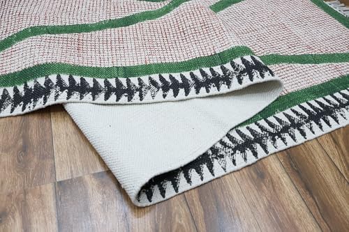 Art of Jaipur Cotton Runner Rug 4x8 Green Block Printed Dhurrie
