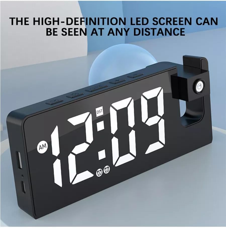 Projection Alarm Clock with USB Charging and Rotatable Mirror Display