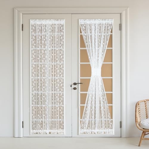 White Lace French Door Curtain with Tieback and Floral Design