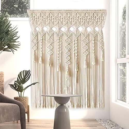Boho Macrame Curtain for Window Doorway Handmade Beige