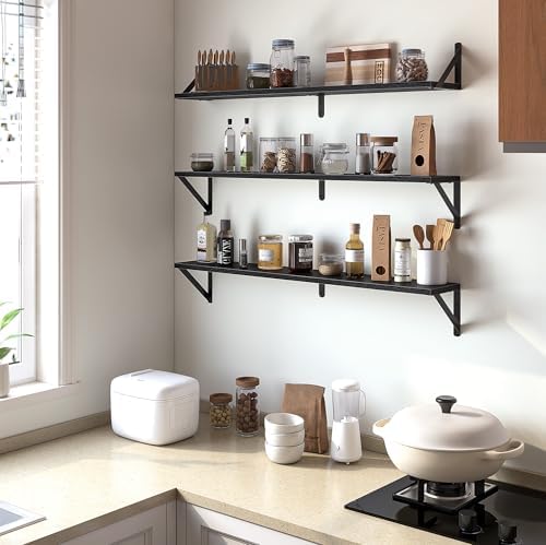 Heimlove Floating Shelves Set of 3 36 Inch Black Wood Wall Mounted