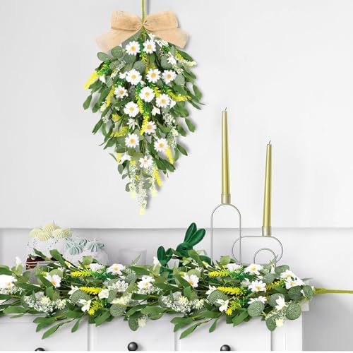 4 Pcs 24 Inch Artificial White Daisy Teardrop Wreath Swag