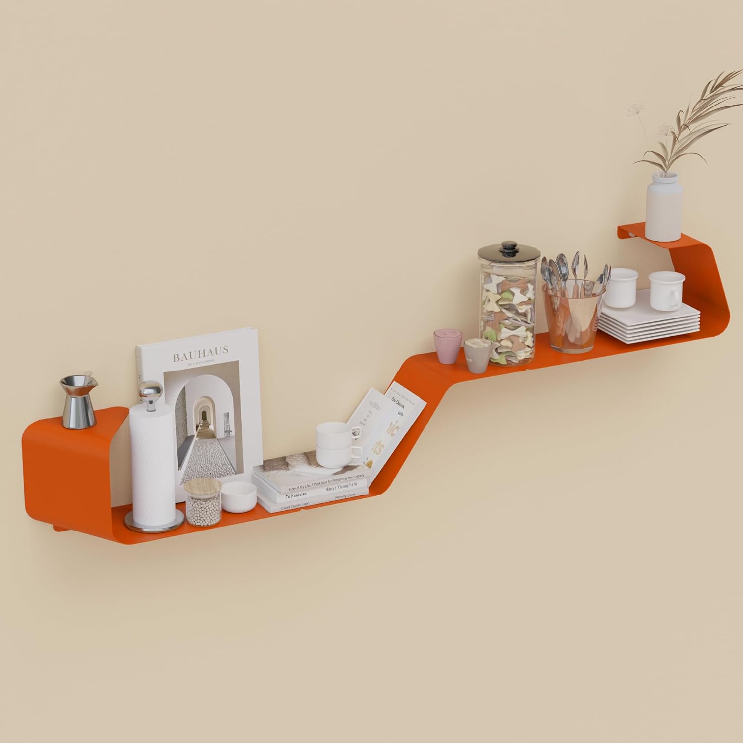 Set of 3 Floating Metal Wall Shelves with Orange Design