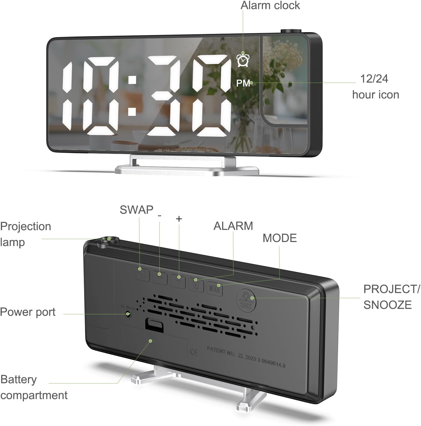 KeeKit LED Projection Alarm Clock with 79in Display