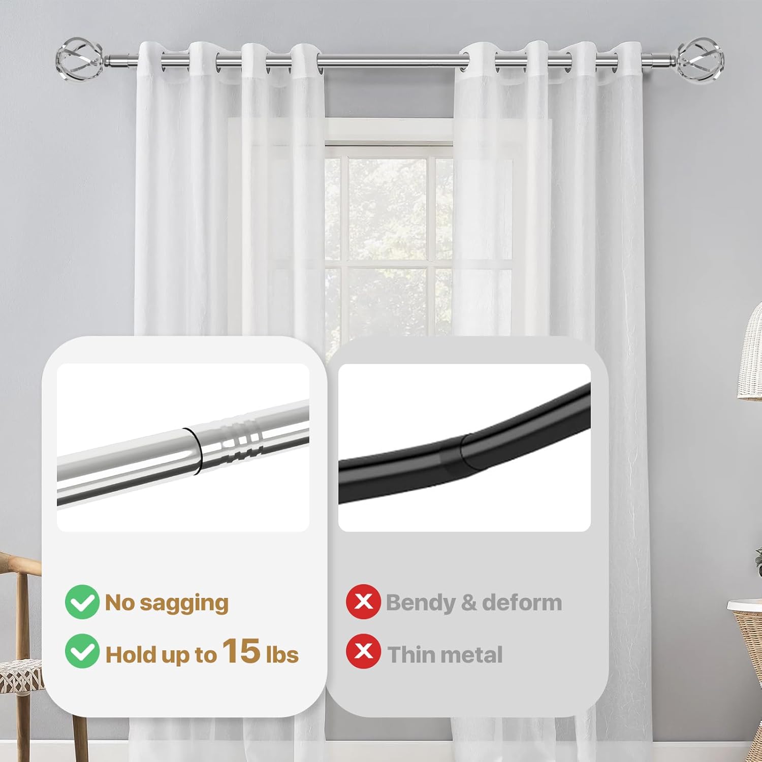 Silver Curtain Rods 48-88 Inch with Twisted Cage Finials