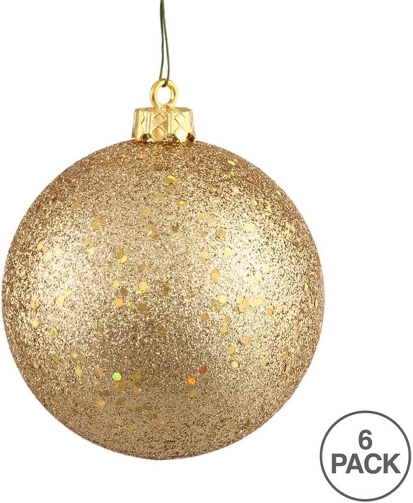 Vickerman 4 Inch Plastic Ball Ornaments Sequin Gold Set of 6