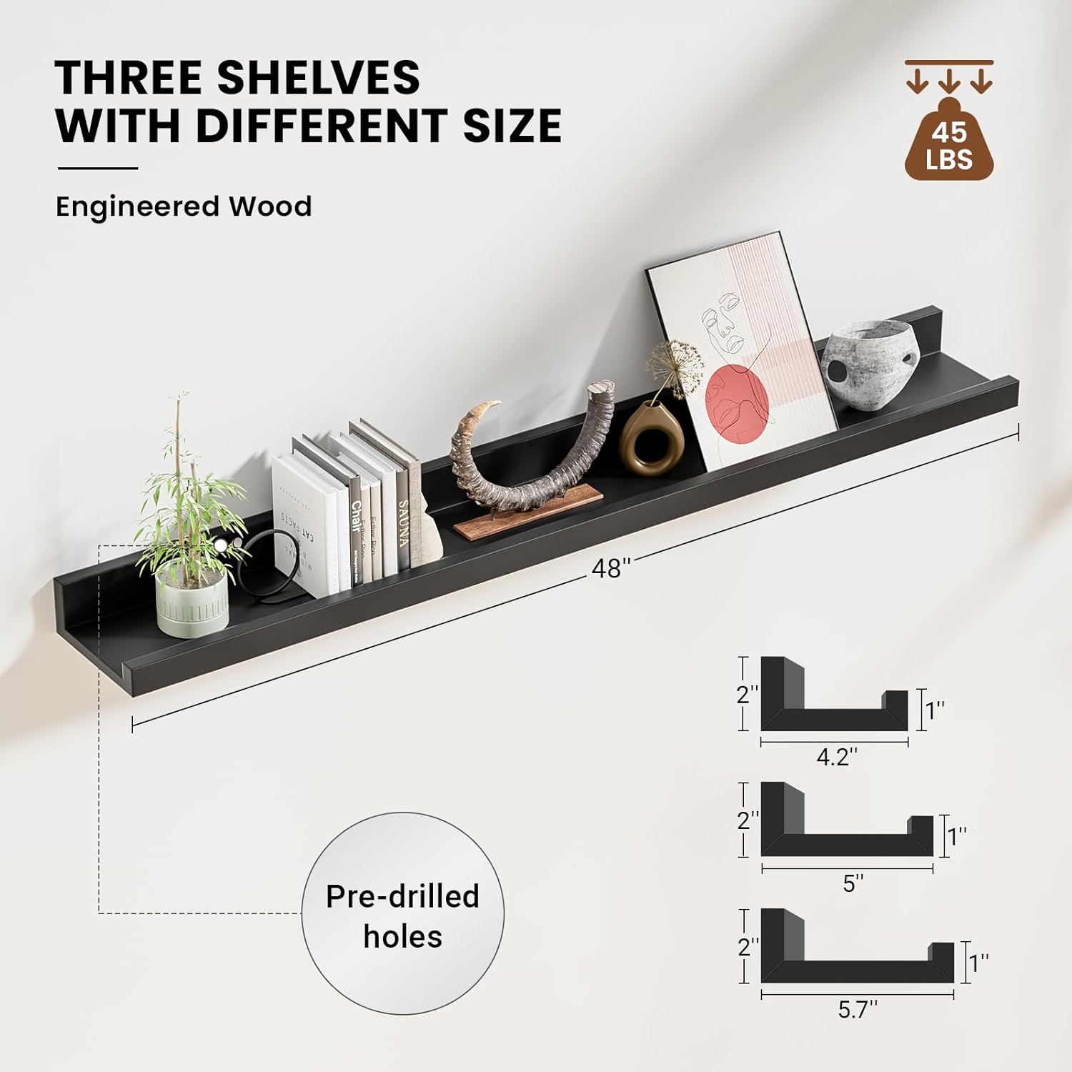 48 Inch Floating Shelf Set of 3 with Lip Black