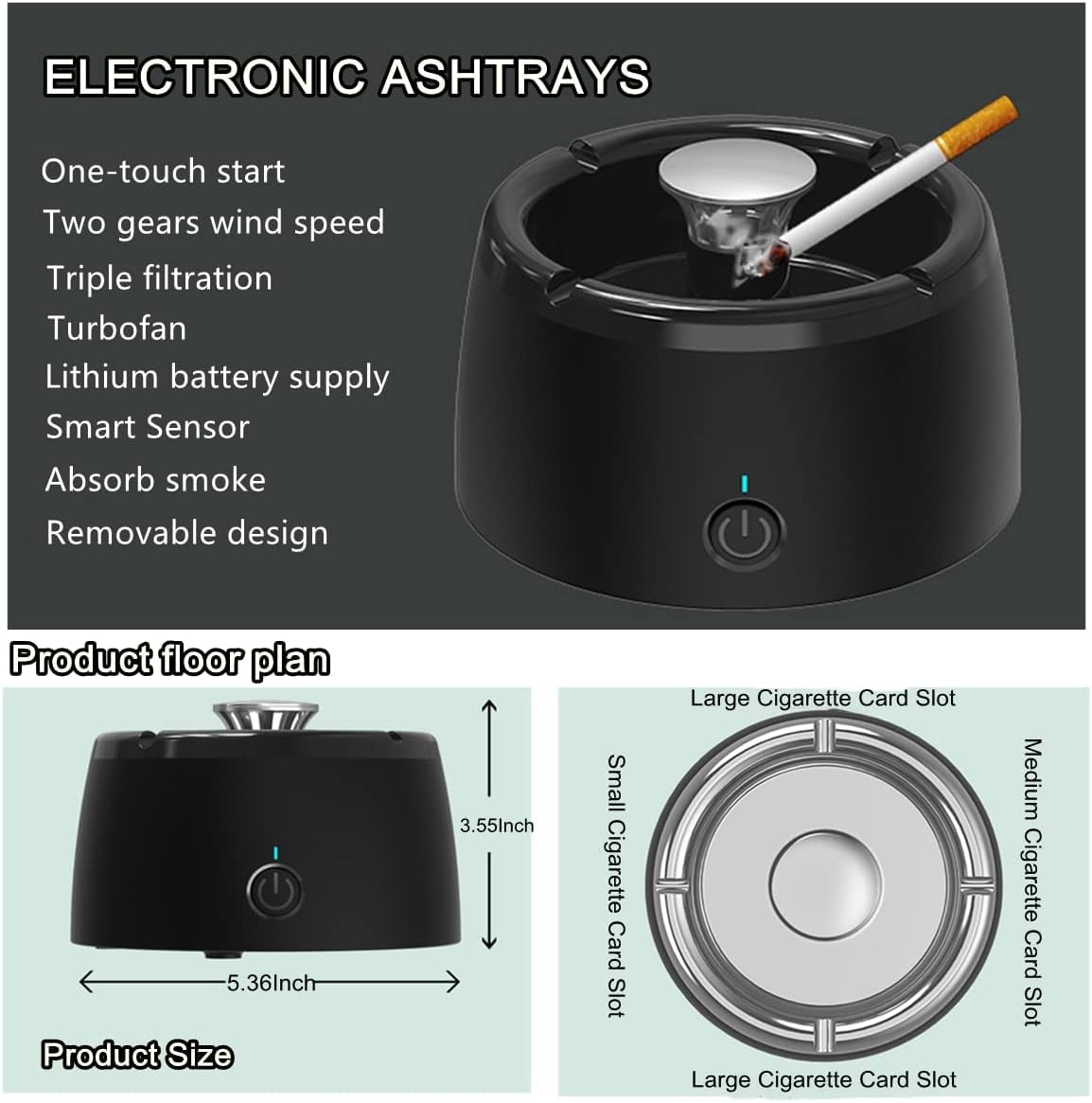 Smokeless Ashtray with Anionic Air Release Black
