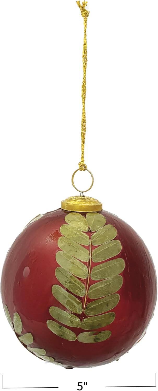 Creative Co Op Large Round Glass Ornament with Eucalyptus Leaves Red Gold