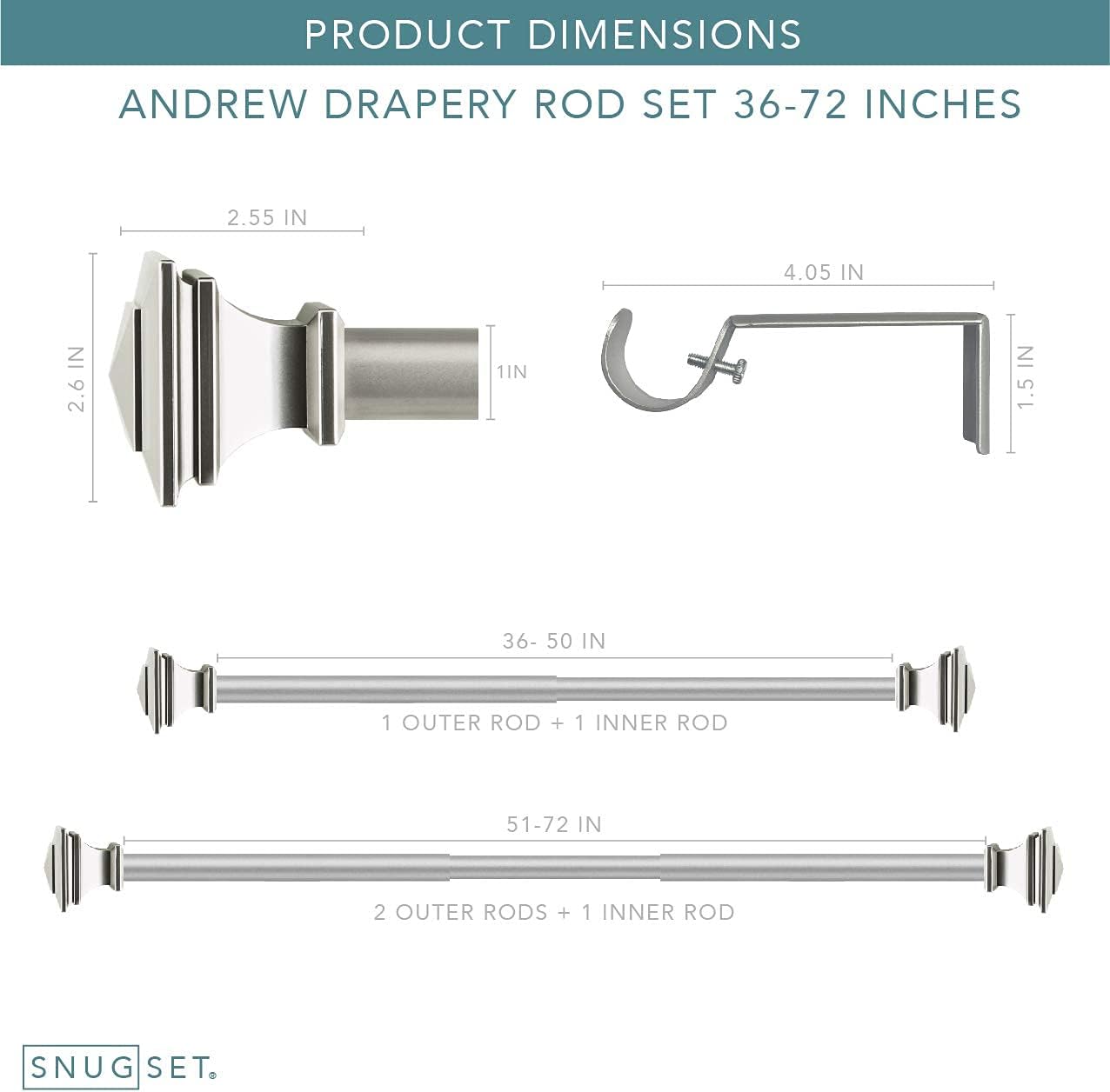 Snug Set Nickel Curtain Rod 36-72 Inch Adjustable No Tools